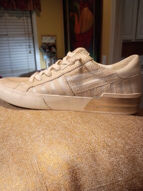 Dolce Vita Zena Women's Beige Patch Sneakers with Gold Strip Around Heels